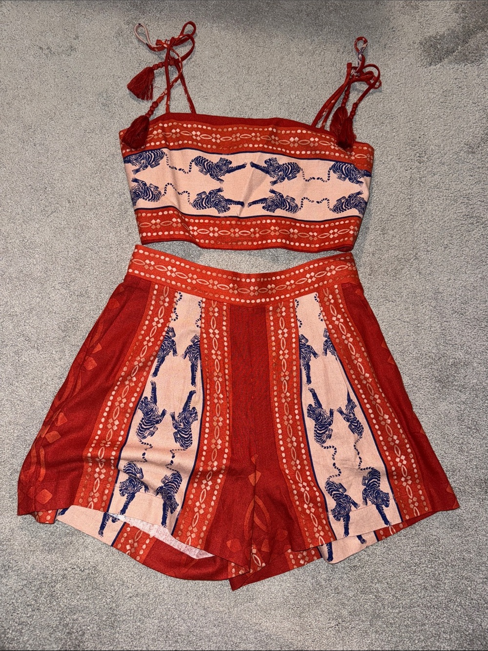 Caroline Constas Red/Burnt Orange Printed Two-Piece Shorts Set with Blue Motifs